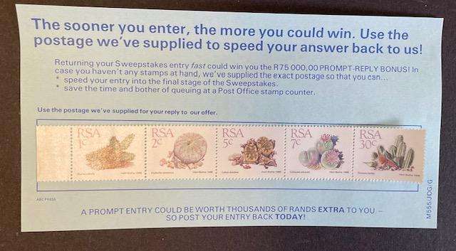 Sweepstakes entry form with block of stamps  - 1988 South Africa