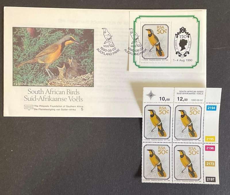 FDC South Africa - South African Birds 1990 minisheet + block of stamps