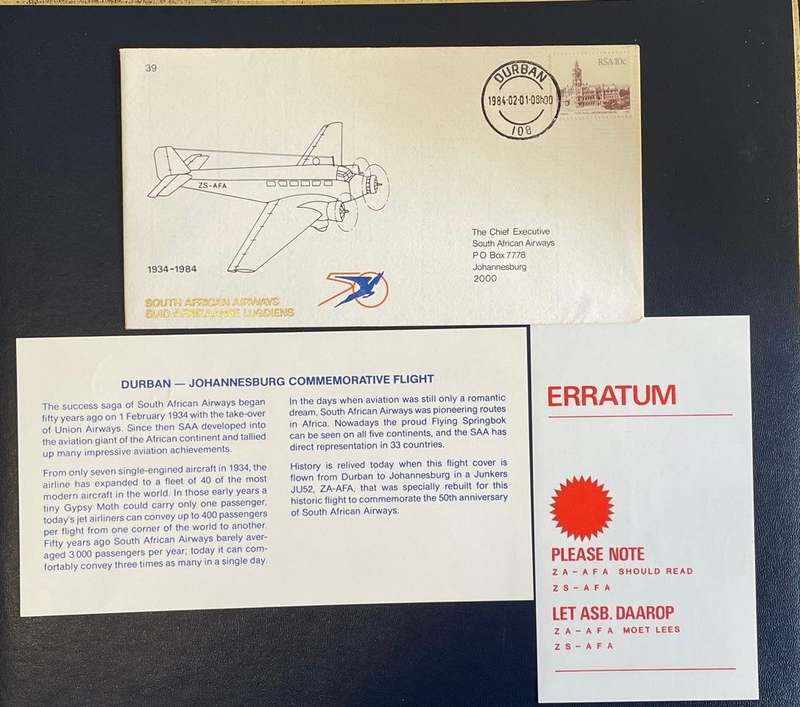 Stamps - FDC South Africa SAA 1984 - ERROR - with Erratum notice included. #39. Plane # incorrect!