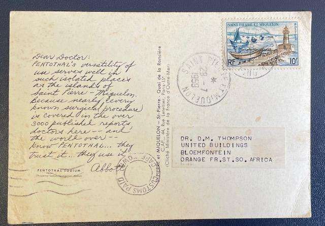 Vintage postcard  - Monaco - 1959 with stamp - RARE! PHARMA / MEDICAL HISTORY - # ABBOT # PENTOTHAL