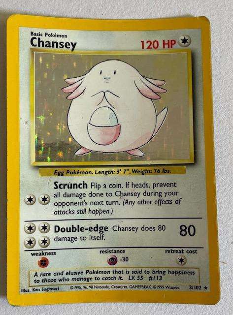 Pokémon Trading Card -  CHANSEY - 1999 - HOLO - 3/102 MEDIUM - WELL PLAYED
