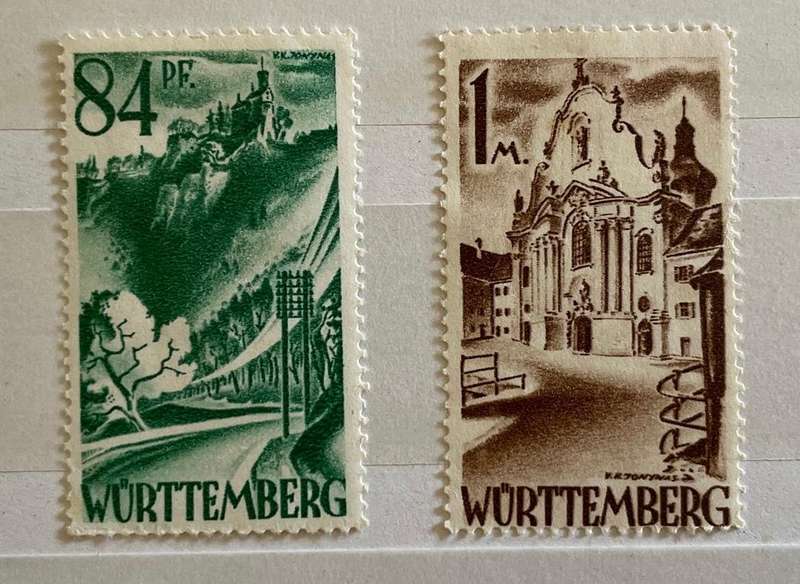 Wurttemberg Stamps x 2 - Castle and church - 1947 - MH