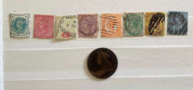 Mixed lot of Queen Victoria stamps - used - plus a Victorian 1 penny coin.