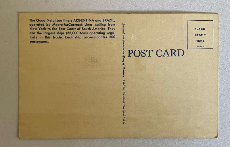 Vintage Postcard - Moore McCormack lines  "Argentina and Brazil * Maritime history