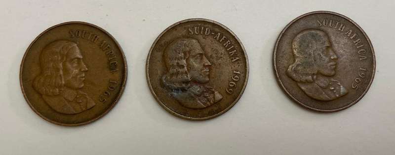 South African Two cents coins x 3 1965