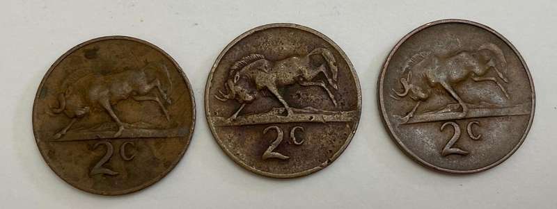 South African Two cents coins x 3 1965