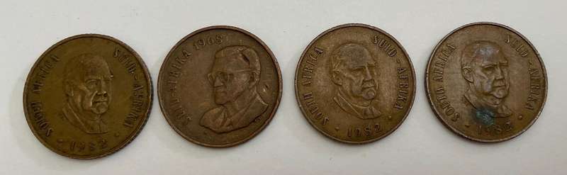 South African Two cents coins x 4 -  1968 x 1 and 3 82