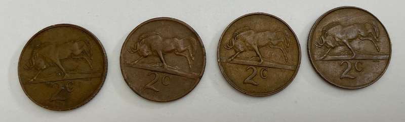 South African Two cents coins x 4 -  1968 x 1 and 3 82