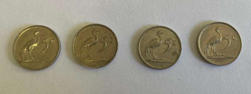South Africa  x4  5c coins - 65, 68, 70 and 75