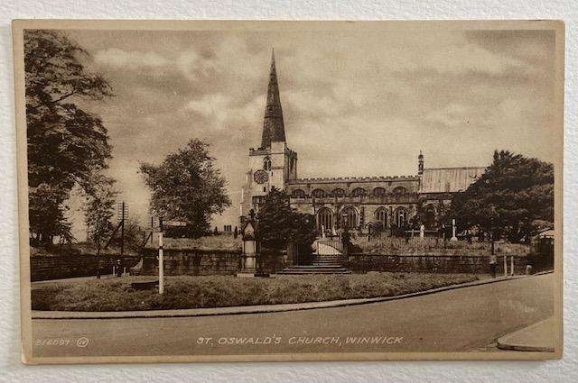 Vintage postcard - ST. Oswalds Church, Winwick - Valentine Sepiatone - Msg from PM on back - unused