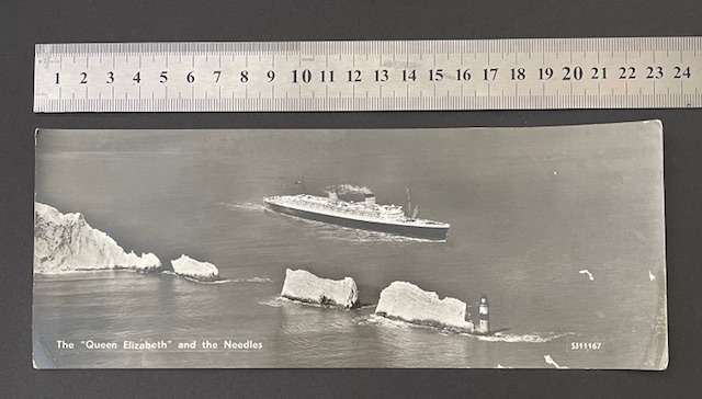 "Queen Elizabeth" and the Needles. Cunard Line 1940's. Real photograph on postcard