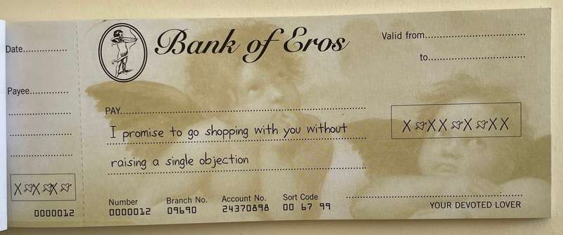 BANK OF EROS Cheque book 2000 - Great, quirky gift!