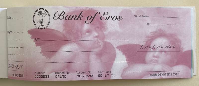 BANK OF EROS Cheque book 2000 - Great, quirky gift!
