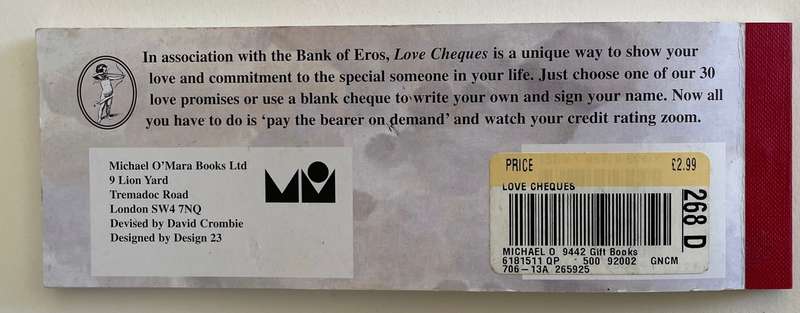 BANK OF EROS Cheque book 2000 - Great, quirky gift!