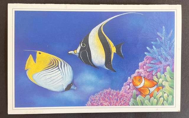 Charity greetings postcard - "At the Waters Edge" CLOWN FISH, MOOORISH IDOL,BUTTERFLYFISH - Halstead