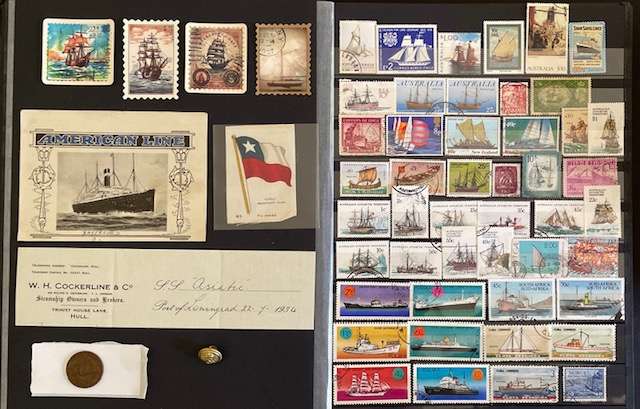Thematics- SHIPS - with stamps, maritime letterheads, Silk Card, Half penny 1942, naval button +