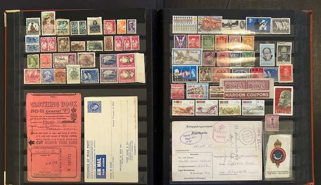 War Essay.2 Thematic stamps, POW card, POW aerogramme, Silk card, Coupon book +