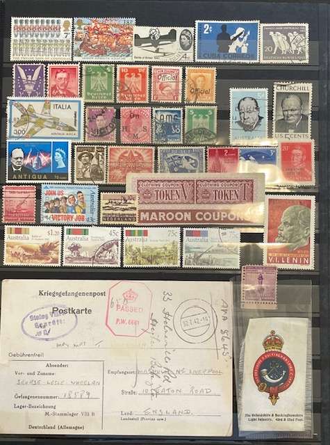 War Essay.2 Thematic stamps, POW card, POW aerogramme, Silk card, Coupon book +