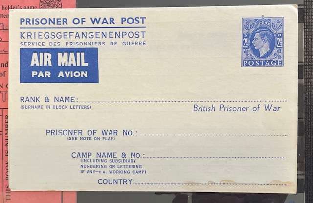 War Essay.2 Thematic stamps, POW card, POW aerogramme, Silk card, Coupon book +