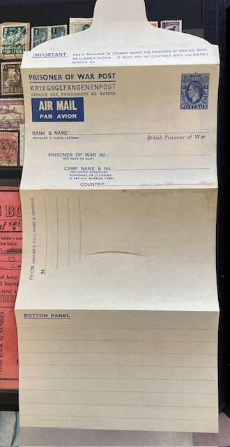 War Essay.2 Thematic stamps, POW card, POW aerogramme, Silk card, Coupon book +