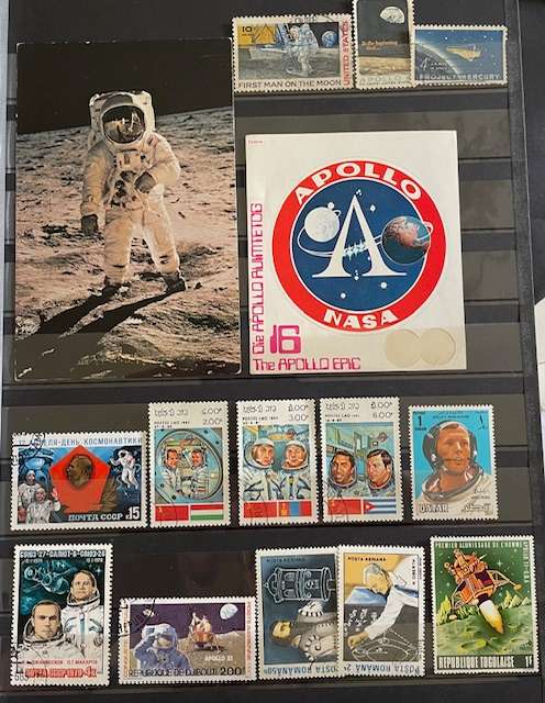 Thematics -SPACE - Used stamps, vintage postcard and Apollo sticker