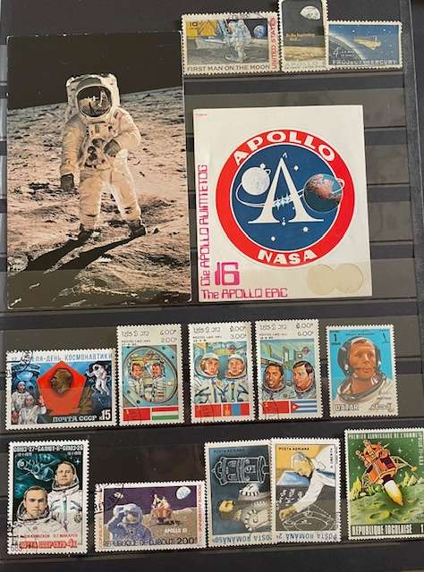 Thematics -SPACE - Used stamps, vintage postcard and Apollo sticker