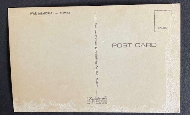 Vintage Postcard - War Memorial, Zomba, Malawi. Blantyre Co # P74580