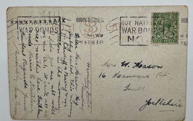 Antique postcard - Dalton Road Barrow in Furness - posted 1918 - has stamp