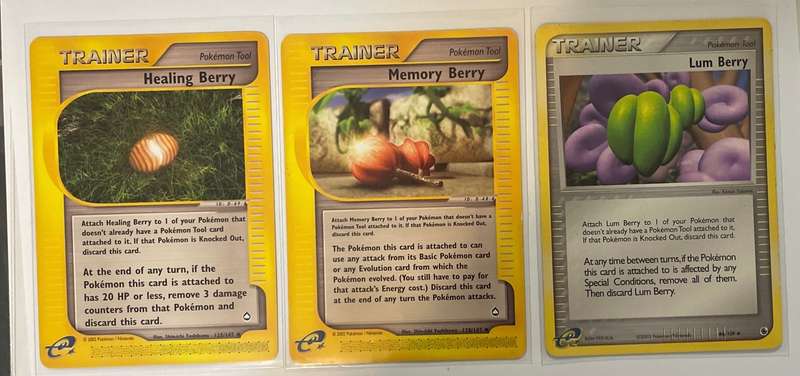 Pokémon Trading Card - Three Berry Trainer Cards. Memory Berry, Healing Berry & Lum Berry  - all LP