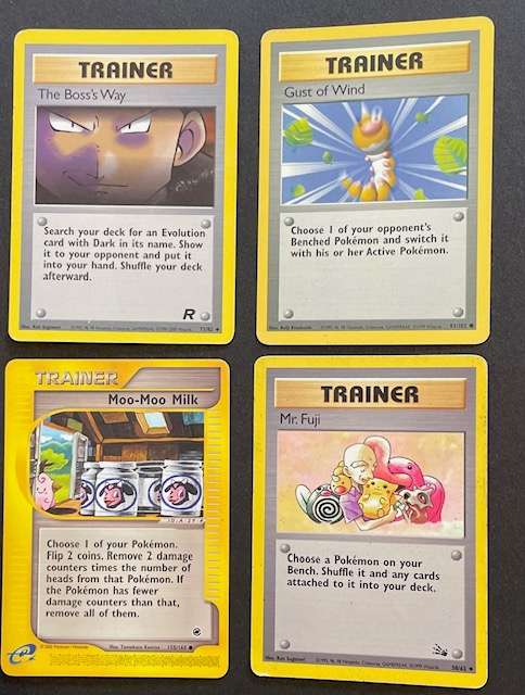 Pokémon Trading Card - Four Trainer Cards Mr. Fuji, The Boss's Way, Moo-Moo Milk and Gust of Wind