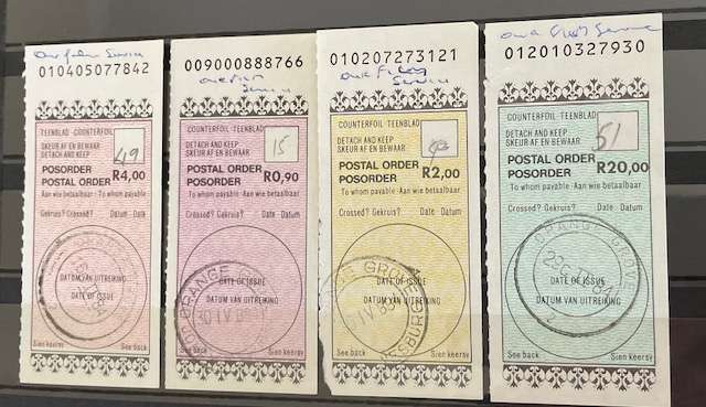South African postal orders from 1980's