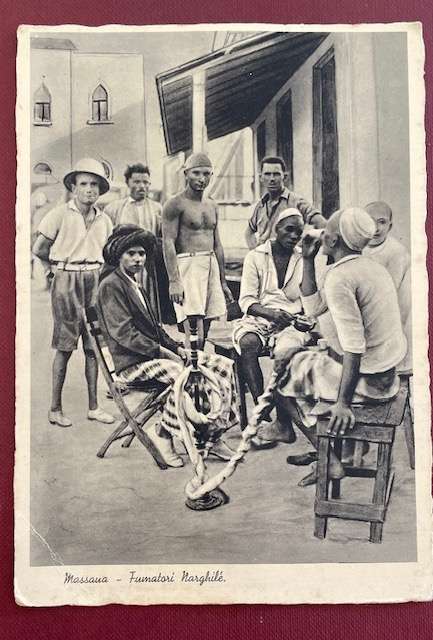 Vintage postcard - Massana, Ethiopia, under Italian occupation. 'Fumatari Narghile'