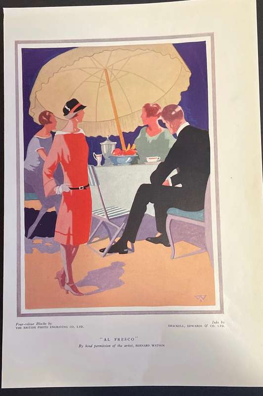 Vintage magazine art print - "Al Fresco" by Bernard Watson.  1928 by British Engraving Co Ltd