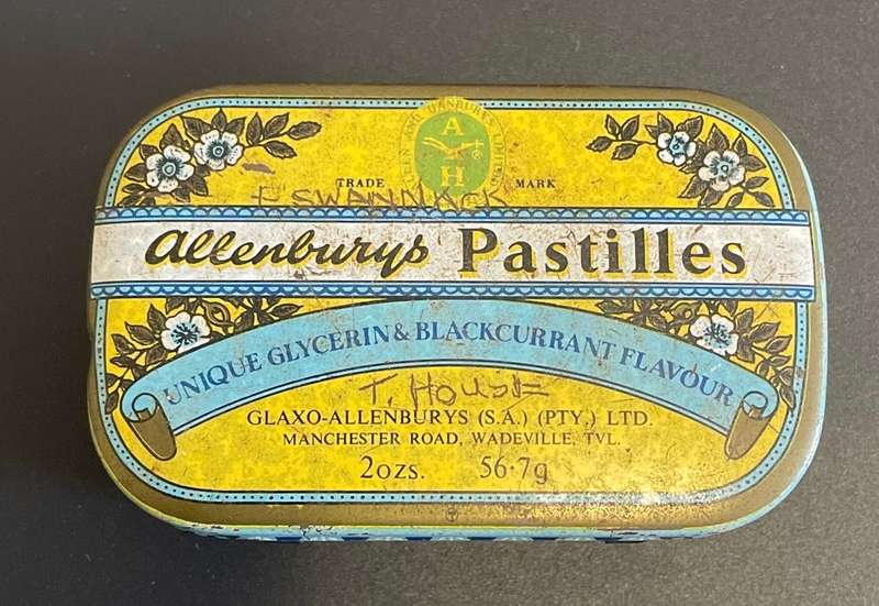 Vintage Allenbury's Pastilles Tin filled with SA ship revenues.