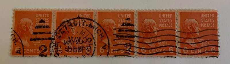 John Quincy Adams 1938- 6c - Horizontal block of 4 stamps. Used.