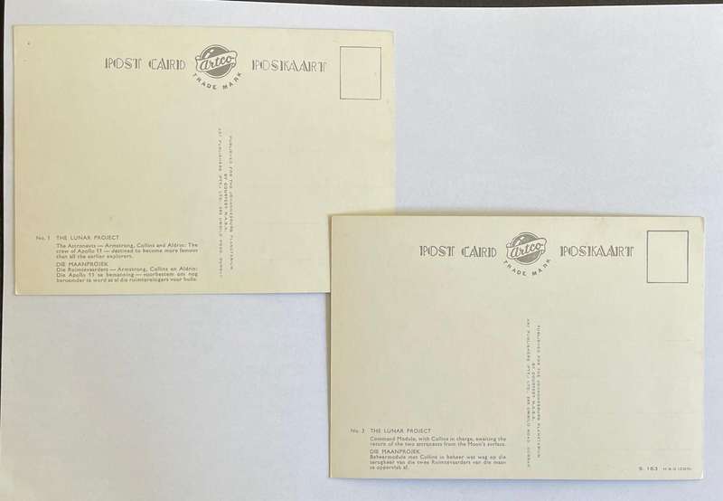 Two Vintage postcards - SPACE - Aldrin, Collins and Armstrong + The Lunar project