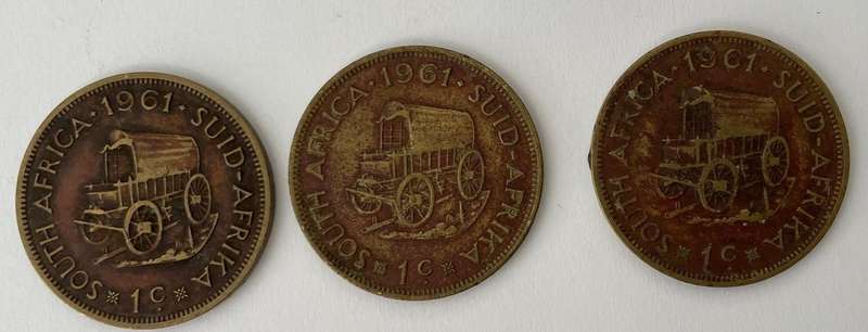 South African 1 cent coins x3 - all 1961