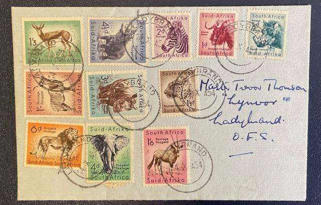 Envelope with Animal Stamp set 1954 - Stamped in Ladybrand South Africa