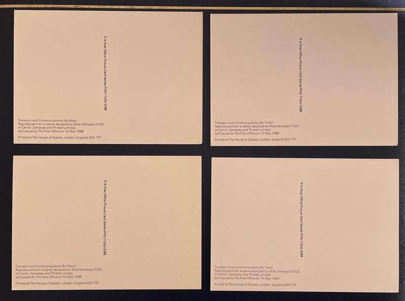 Maxi Cards - UK - Transport and Communications set - 1988.  (Stamps)