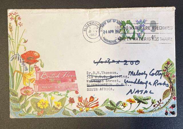 FDC  UNITED KINGDOM - BRITISH FLORA 1967 - STAMPED IN BOTH PADDINGTON (UK) AND BLOEMFONTEIN, SA