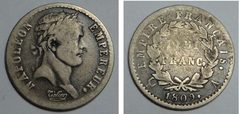 Napoleon Bonaparte 1809 Demi Franc Coin