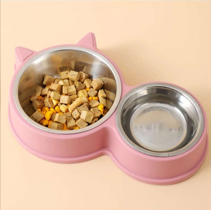 BURRAAQ TRANDING / 2 IN 1 CAT SHAPED FOOD &WATER BOWL STAINLESS BOWL