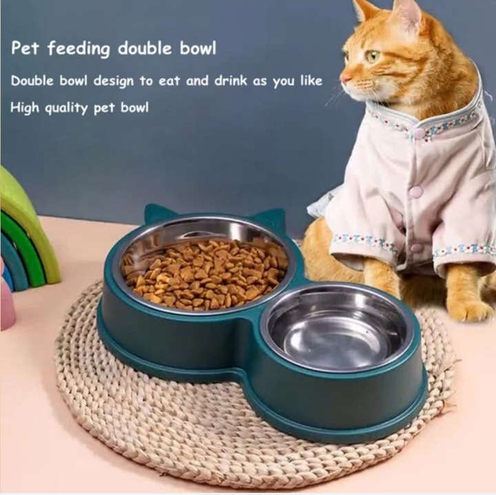 BURRAAQ TRANDING / 2 IN 1 CAT SHAPED FOOD &WATER BOWL STAINLESS BOWL