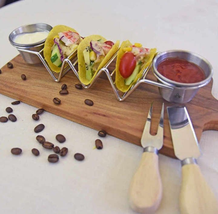 BURRAAQ TRANDING/STAINLESS STEEL TACO HOLDER WITH 2 SAUCE BOWLS