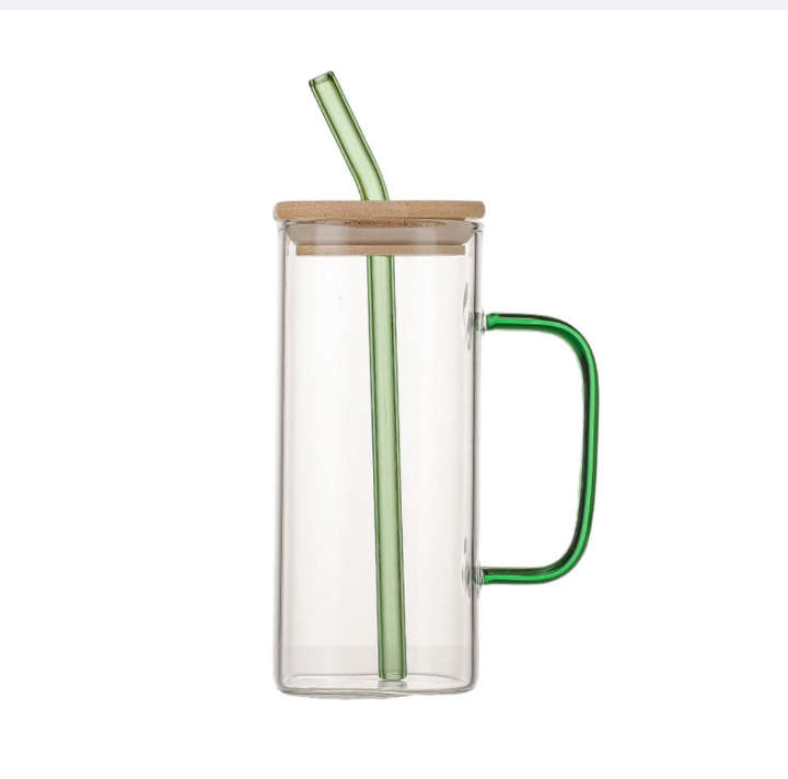 BURRAAQ TRADING/ COLOURFUL SQUARE GLASS MUG WITH BAMBOO PLASTIC LID