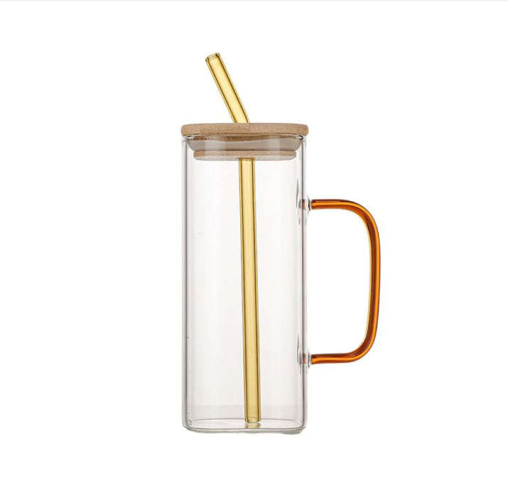 BURRAAQ TRADING/ COLOURFUL SQUARE GLASS MUG WITH BAMBOO PLASTIC LID