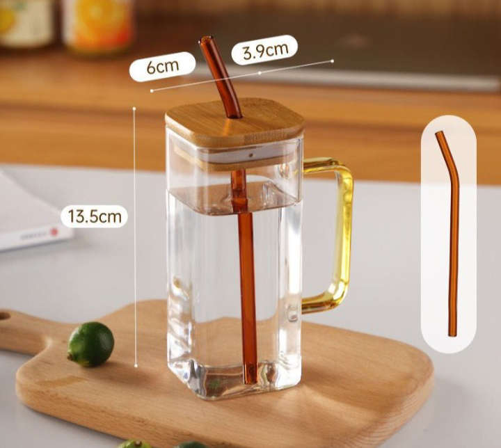 BURRAAQ TRADING/ COLOURFUL SQUARE GLASS MUG WITH BAMBOO PLASTIC LID