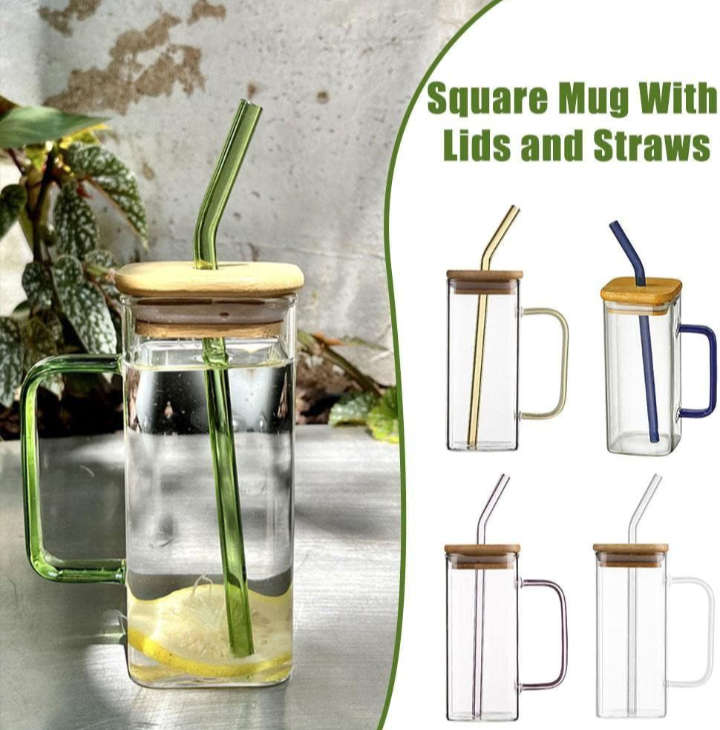 BURRAAQ TRADING/ COLOURFUL SQUARE GLASS MUG WITH BAMBOO PLASTIC LID
