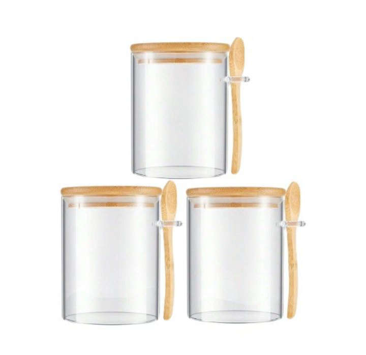 BURRAAQ TRANDING/ 3 PIECE REUSABLE GLASS JARS WITH AIRTIGHT BAMBOO LID AND SPOON