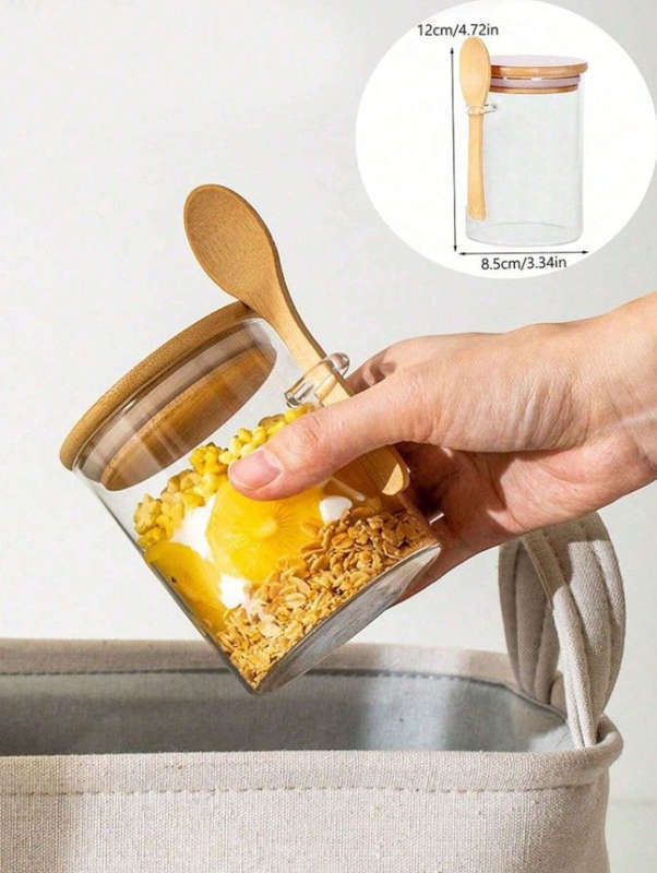 BURRAAQ TRANDING/ 3 PIECE REUSABLE GLASS JARS WITH AIRTIGHT BAMBOO LID AND SPOON